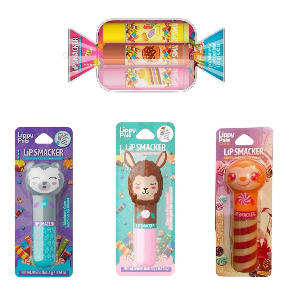 4x Lip Smacker Lippy Pals Blueberry Gum-Creamy Peppermint-Salted Caramel Bundle